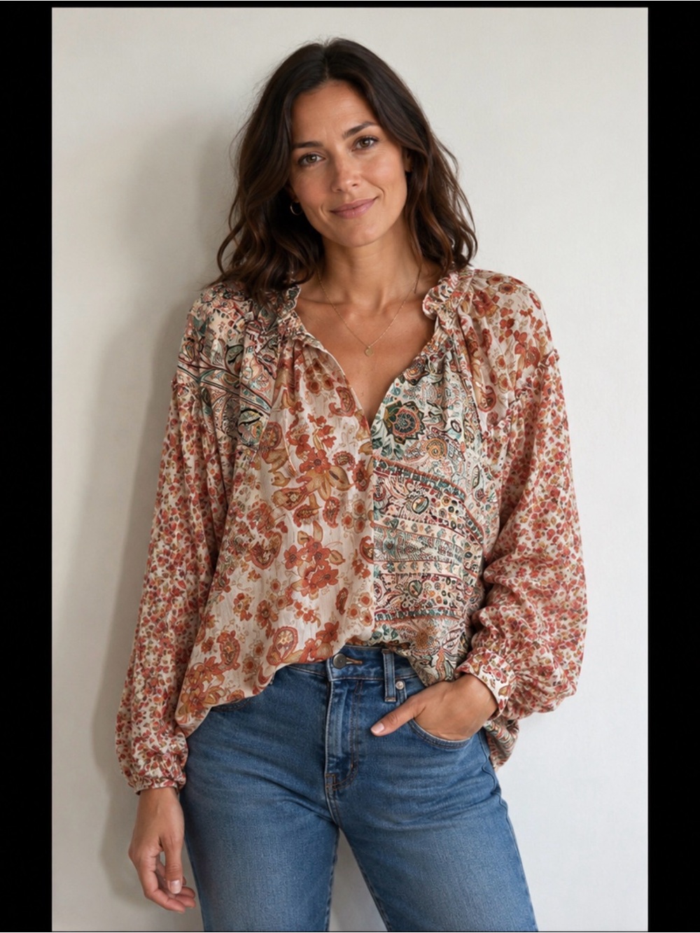 Umgee Mixed-Print Boho Peasant Blouse - Cream, Rust & Green